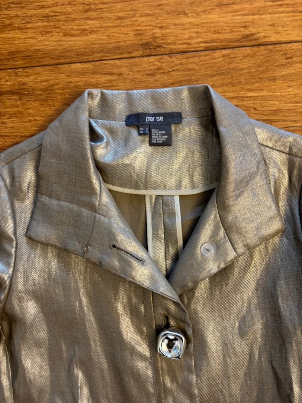 Per Se Metallic Three-Quarter Sleeve large button Coat jacket size 2